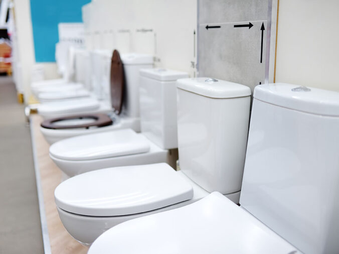 Ztoilets lined up in a plumbing supply store
